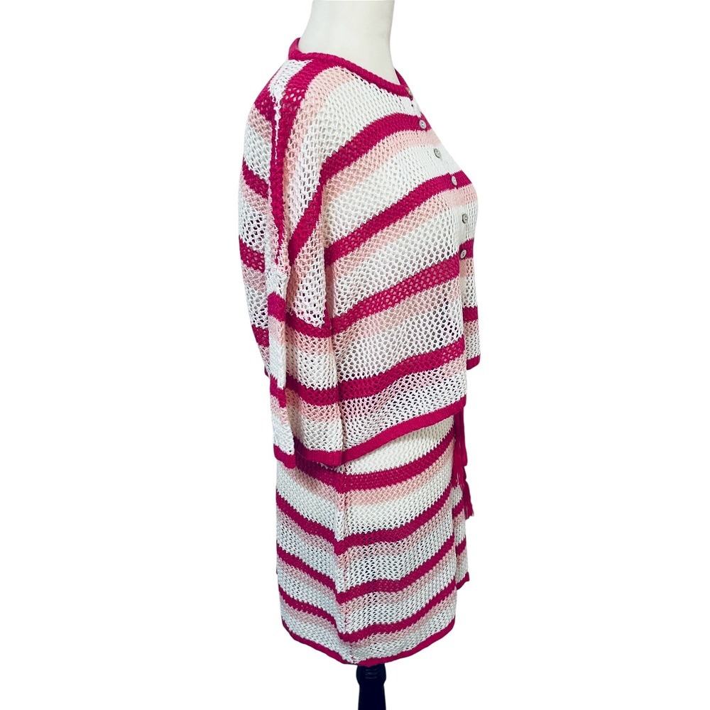 NEW Large Crochet‎ Knit Swim Cover Set Striped Cardigan & Mini Skirt Pink White - Picture 7 of 9